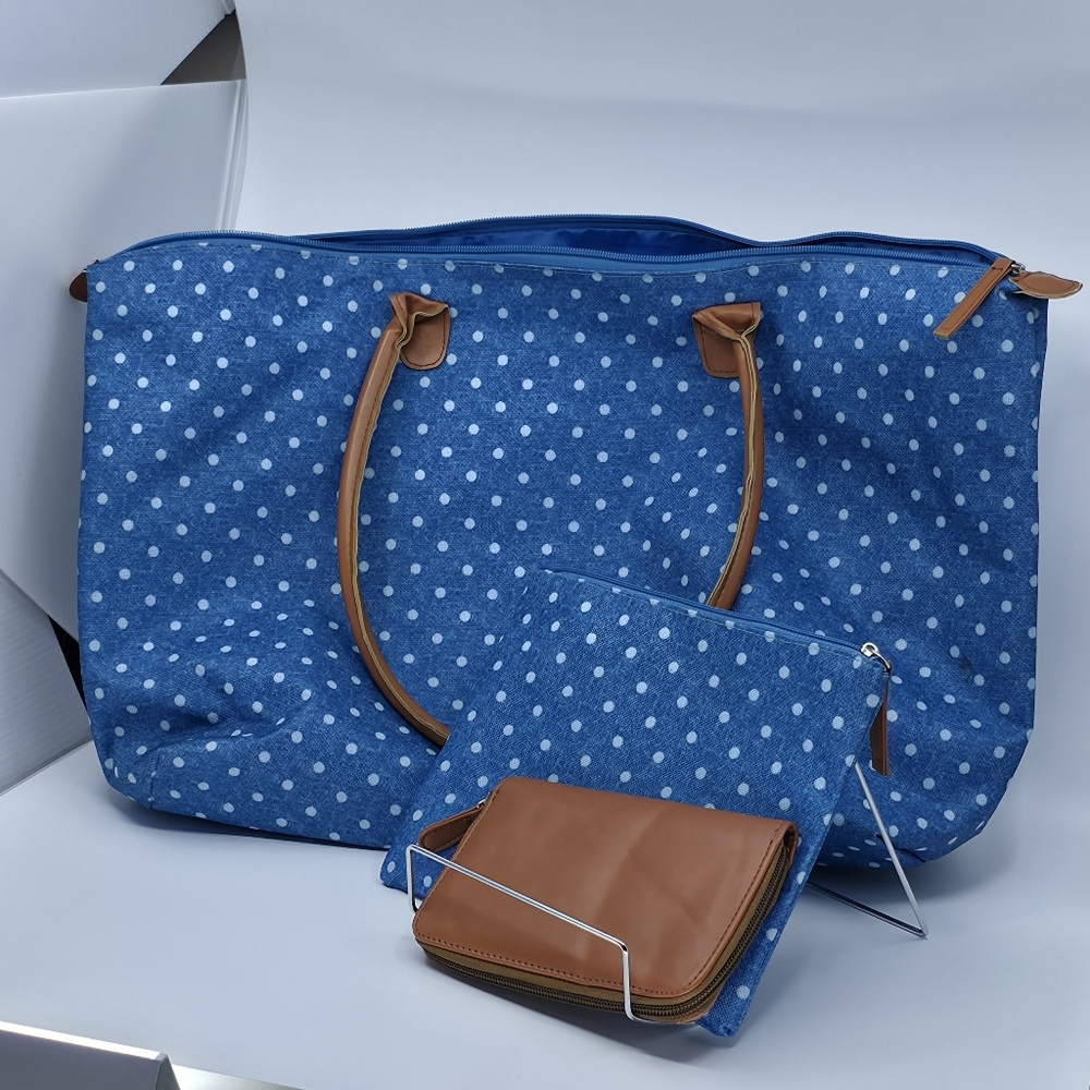 3-Piece Matching Blue Polka Dot Tote & Wallet Set - Picture 7 of 15